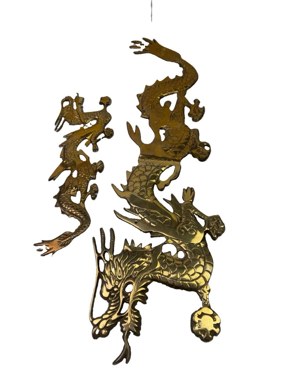 VTG Solid Brass Dragon Wall Hanging Set 2-Piece MCM Chinoiserie Art Chinese Deco